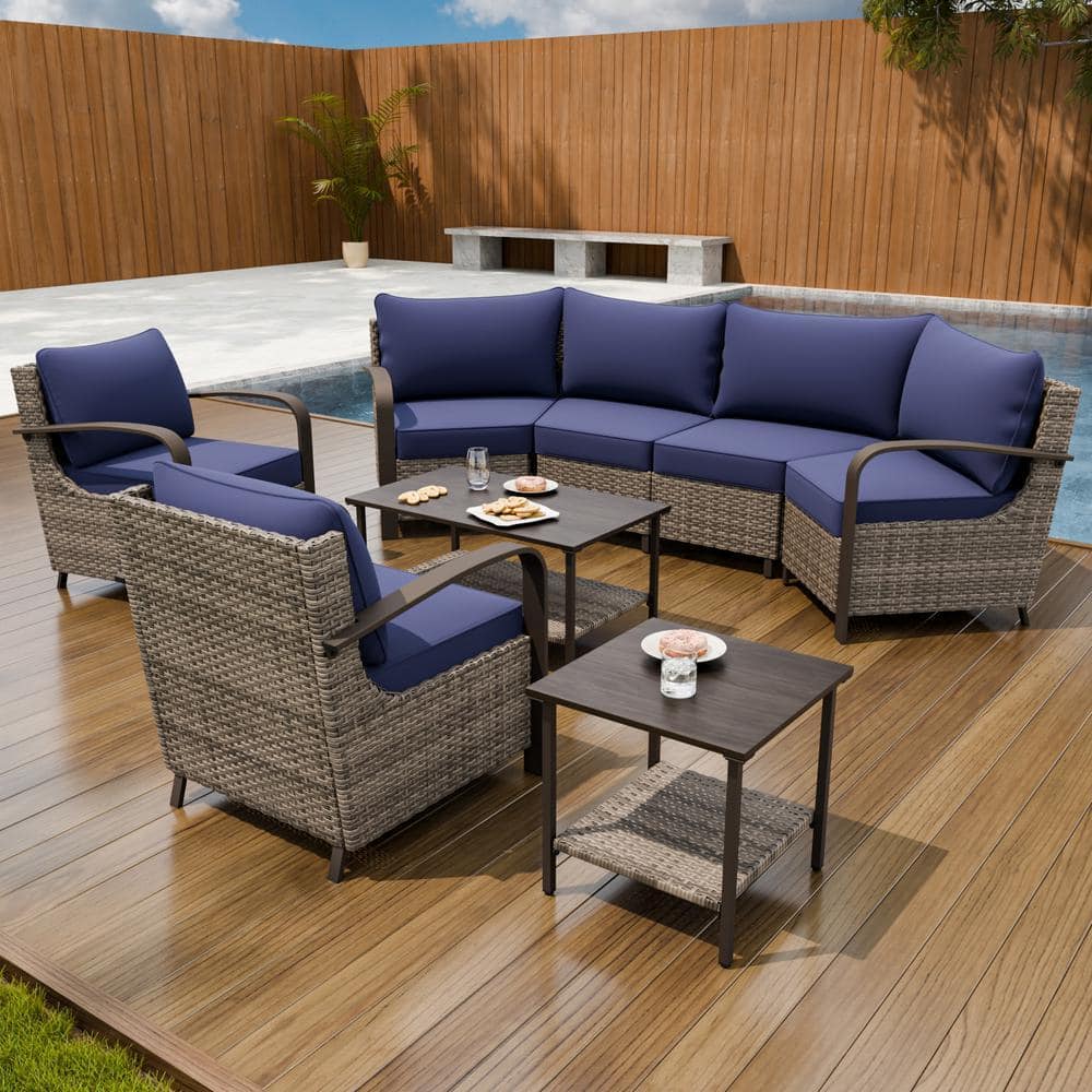 8-Piece Wicker Patio Conversation Sectional Seating Set with Blue Cushions