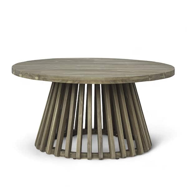 Grey Round Acacia Wood Patio Outdoor Coffee Table for Backyard, Lawn, Balcony