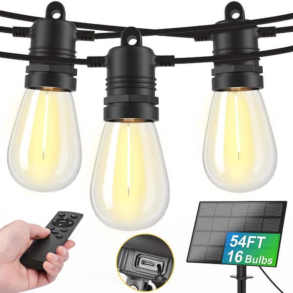 16-Light 54 ft. Indoor/Outdoor Solar Powered LED Bulbs Waterproof Edison Lights String-Light