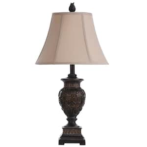 28.5 in. Dark Brown and Gold Table Lamp with Taupe Fabric Shade