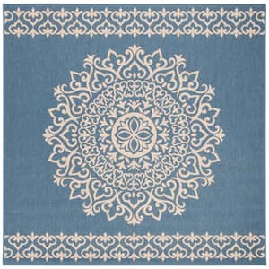 Beach House Cream/Blue 4 ft. x 4 ft. Medallion Floral Indoor/Outdoor Patio  Square Area Rug