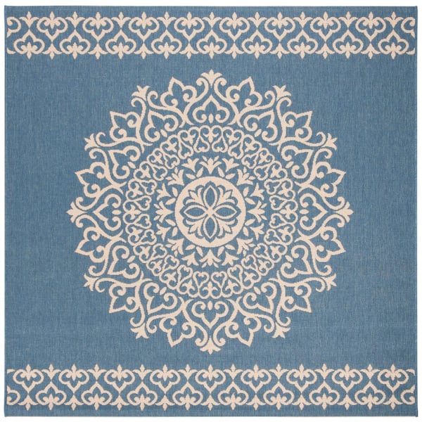 Beach House Cream/Blue 4 ft. x 4 ft. Medallion Floral Indoor/Outdoor Patio  Square Area Rug
