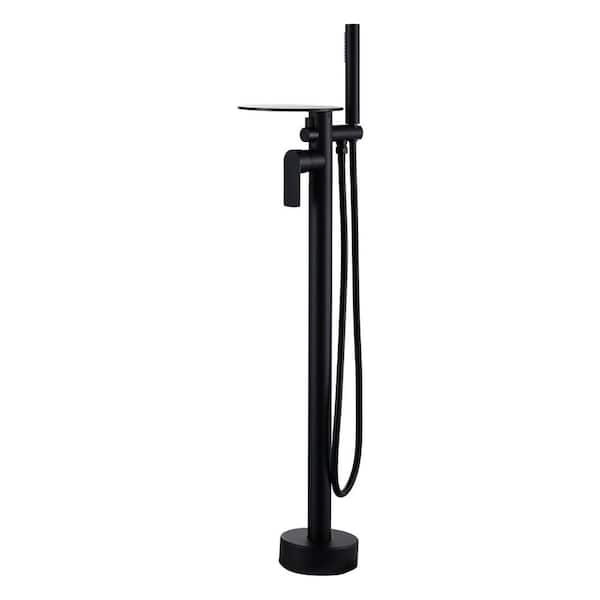 Single-Handle Brass Waterfall Freestanding Tub Faucet with Hand Shower and Shelf for Bathroom in Matte Black