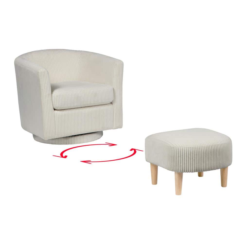 White Velvet Swivel Barrel Chair and Ottoman with Wood Legs