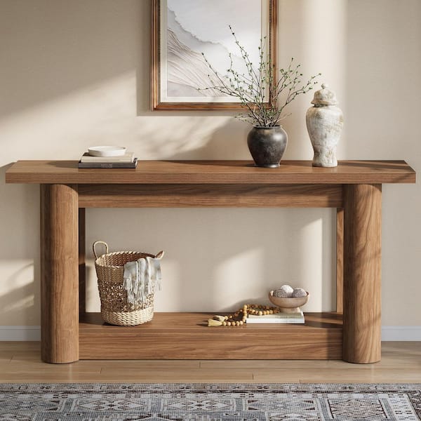 Turrella 63 in. Rectangle Brown Wood Rectangle Behind Sofa Entryway Couch Wall Console Table Home Office 2-Tier Shelves