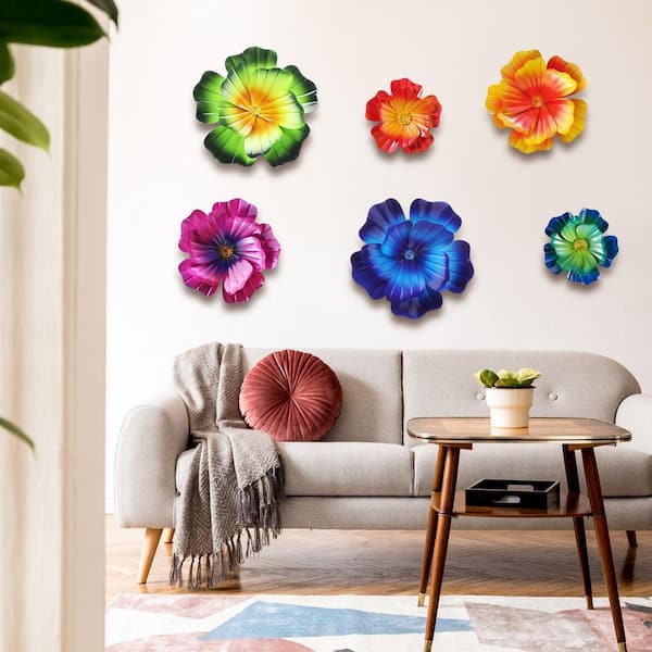 10 in. plus 8 in. plus 5 in. 6-Piece Metal Flowers Wall Art Decor