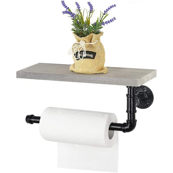 Oumilen Industrial Toilet Paper Holder with Rustic Wooden Shelf and Cast Iron Pipe Hardware (Rustic Gray-Green)