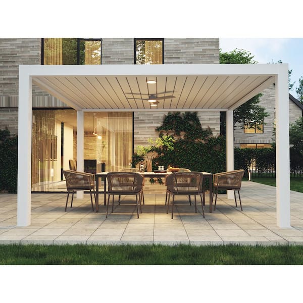 10 ft. x 14 ft. White Aluminum Frame Outdoor Patio Pergola with Solar-Powered System