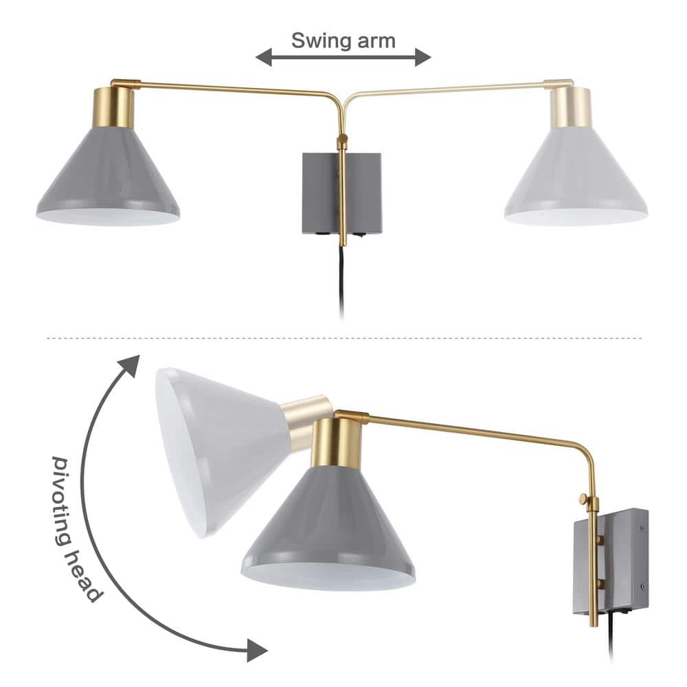 Max 20.5" Gray and Brass Gold Iron Swing Arm Sconce with USB Port