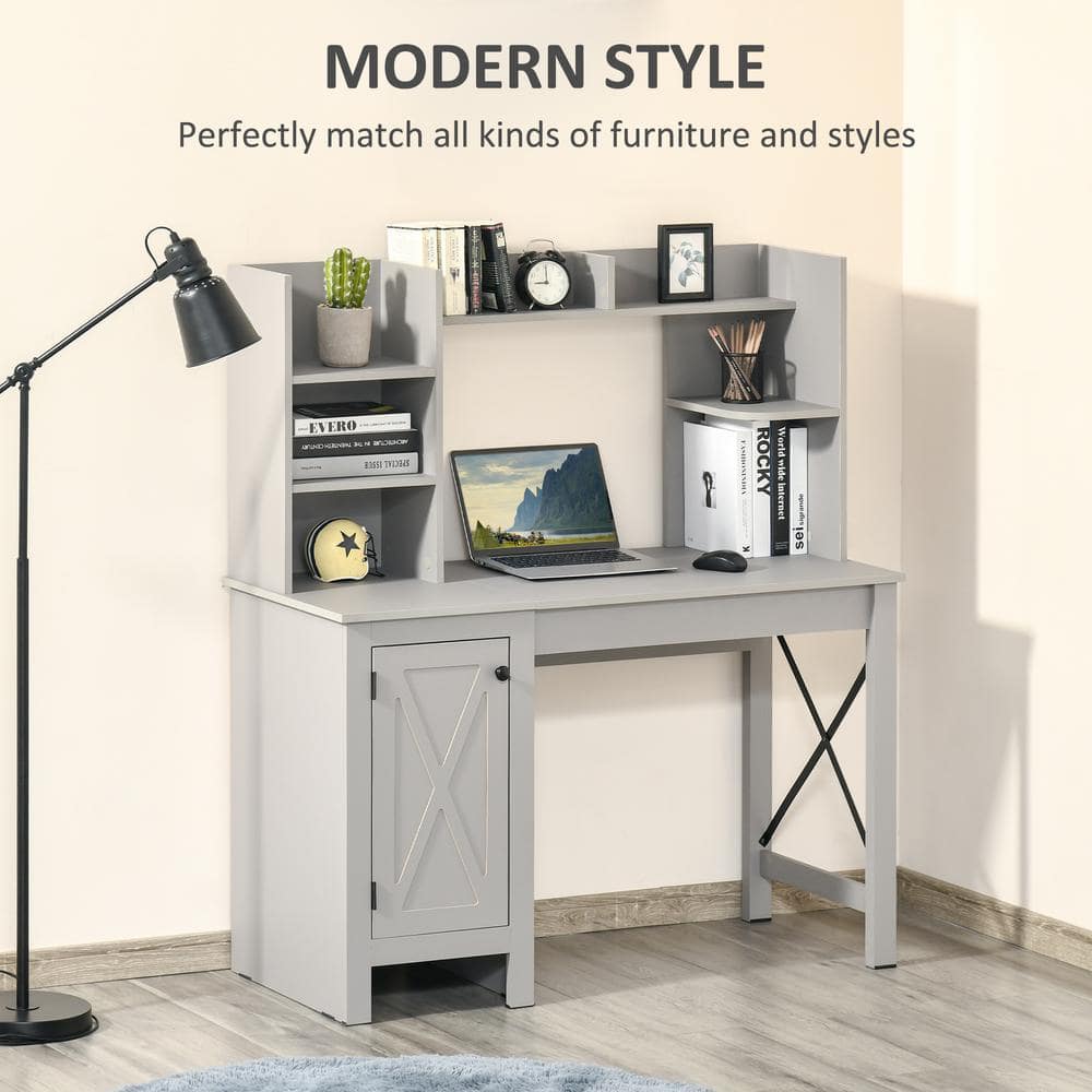Modern Light Grey Wood Computer Desk with Hutch and Filing Cabinet