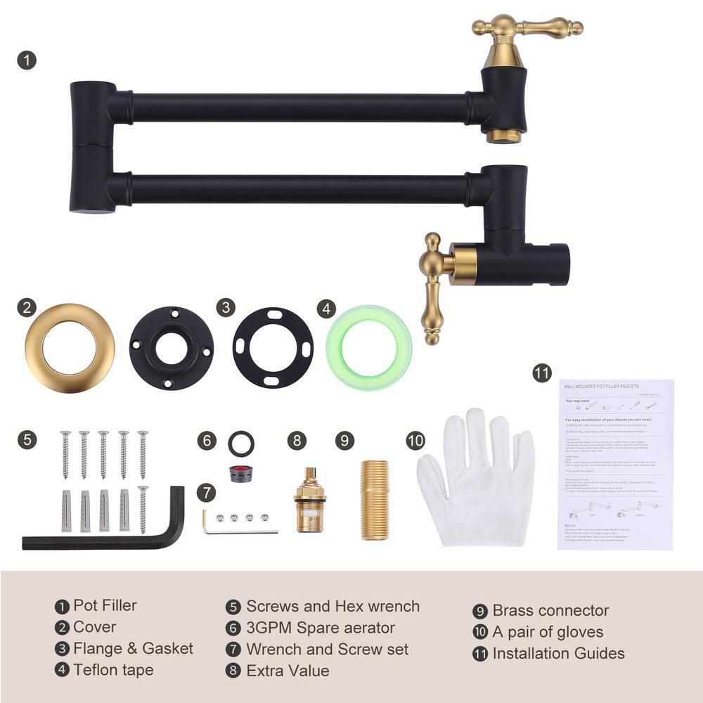 Black and Gold Brass Wall Mounted Pot Filler Faucet