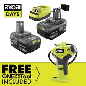 ONE+ 18V Lithium-Ion 4.0 Ah Compact Battery (2-Pack) and Charger Kit with Free Cordless High Pressure Inflator