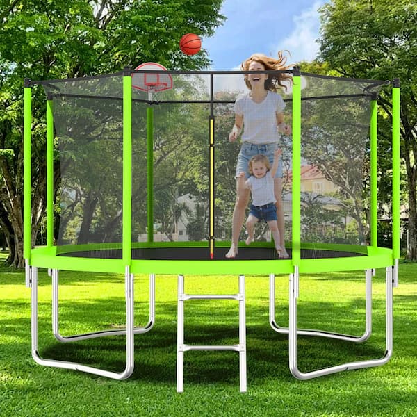 12 FT Large Trampoline with Enclosure and Basketball Hoop in Green