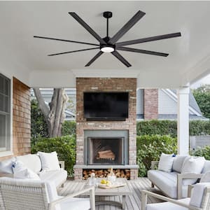 84 in. Indoor/Covered Outdoor Black Industrial Large Ceiling Fans with Lights and Remote Dimmable
