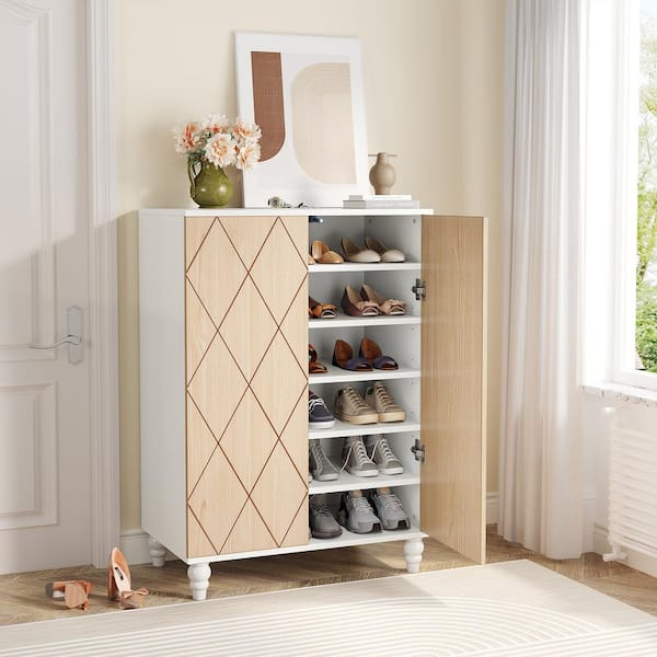 Lauren White Shoe Cabinet with Side Hooks, 24 Pair Freestanding Shoe Rack  Storage Organizer for Hallway Closet Entryway