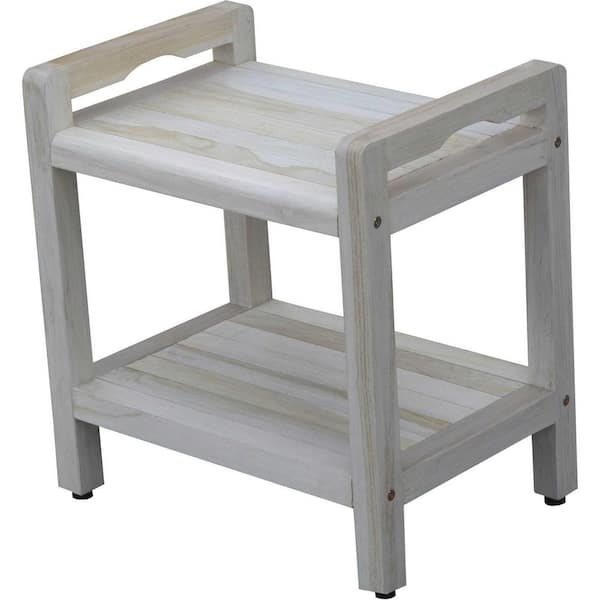 HomeRoots Caroline Driftwood Compact Teak Shower Outdoor Bench with Liftaide Arms 20 in. x 12 in. x 20 in.
