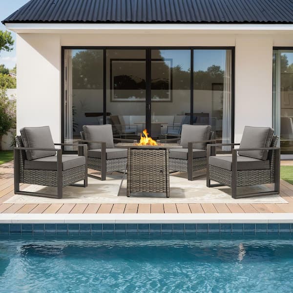 FanKan Gray 5-Piece Wicker Outdoor Glider Chair Patio Deep Seating with Rectangular Fire Table and Gray Cushions