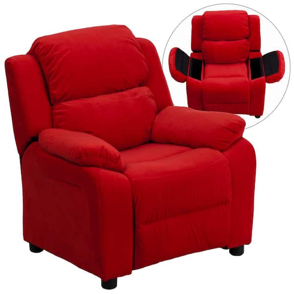 Flash Furniture Deluxe Padded Contemporary Red Microfiber Kids Recliner with Storage Arms