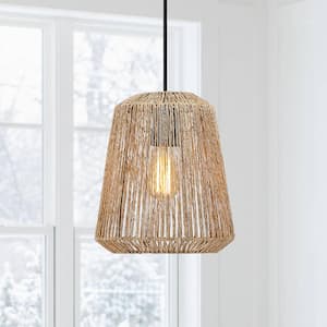 1-Light Bohemian Natural Jute Rope Island Mini Pendant Light with Black Hardware