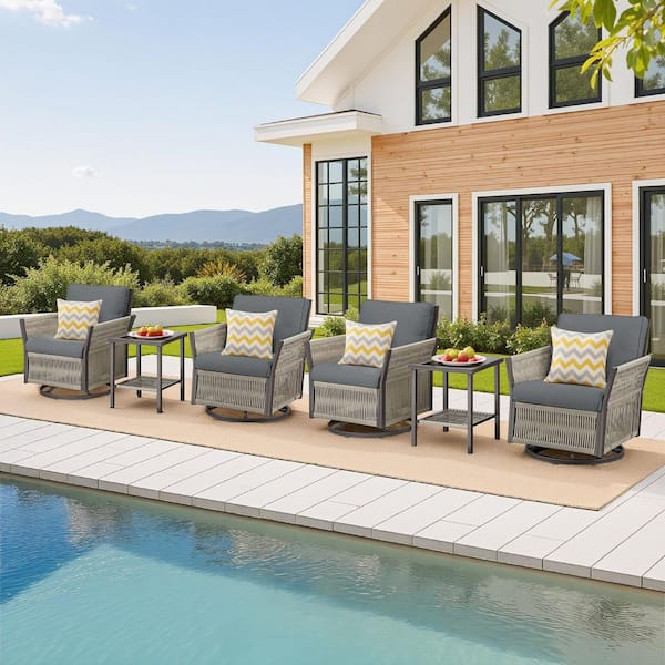 6-Piece Wicker Patio Conversation Set, 4-Swivel Chairs and Side Table with Gray Cushions, Handwoven Wicker