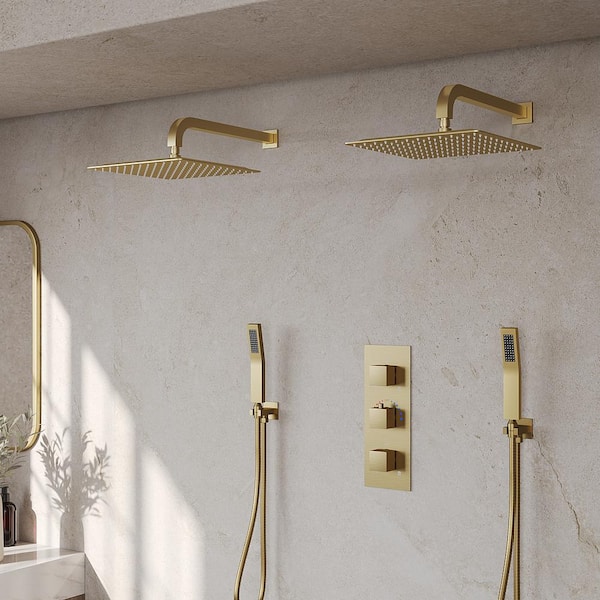 ZenithRain Shower System 8-Spray 12 and 12 in. Dual Wall Mount Fixed and Handheld Shower Head 2.5 GPM in Brushed Gold