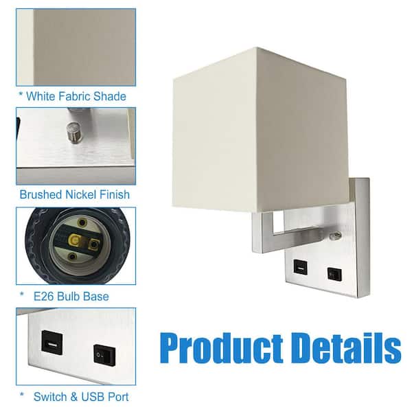 6 in. 1-Light Brushed Nickel Wall Sconce with White Fabric Shade, Modern Vanity Light for Bedroom, Bathroom or Hallway