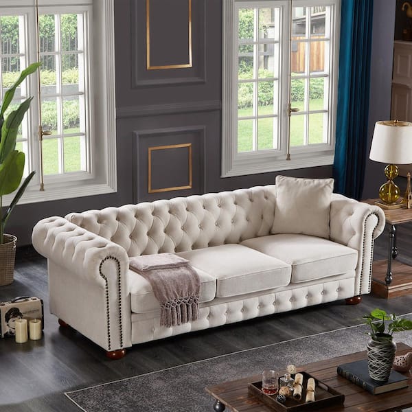 Selvian 88.5 in. Rolled Arm Button Tufted Nailheads Linen Upholstered Rectangle Chesterfield Sofa in Beige