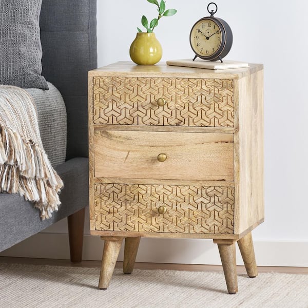Noble House Camrose 3-Drawer Natural Nightstand 26 in. H x 18 in. W x 14 in. D