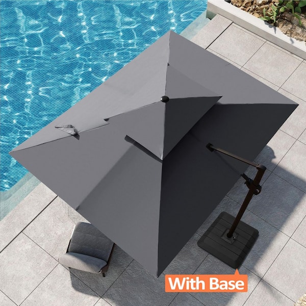 Double Top 9 ft. x 12 ft. Rectangular Aluminum 360° Swivel Cantilever Patio Umbrella in Dark Gray with Umbrella Base