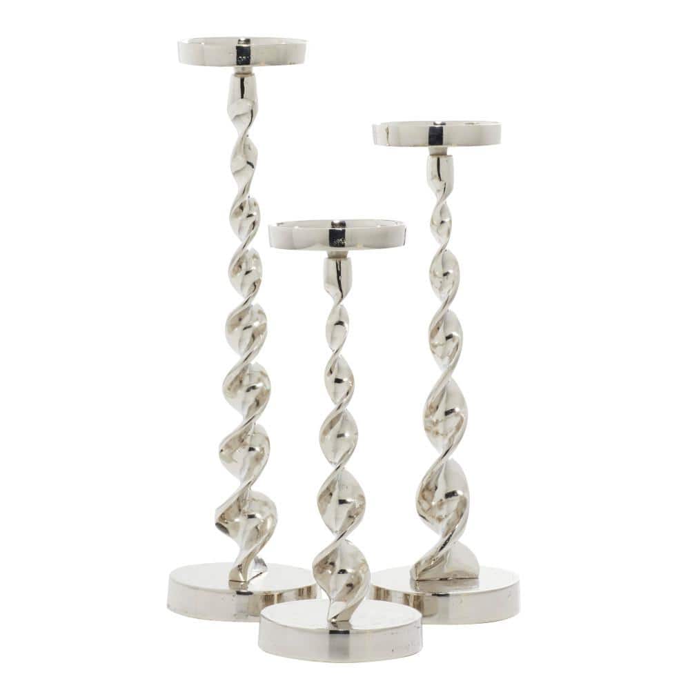 Silver Polished Aluminum Pillar Candlestick Set of Three