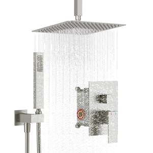 2-Spray Patterns with High Pressure 12 in. Ceiling Mount Rain Shower Head Dual Shower Heads in Brushed Nickel