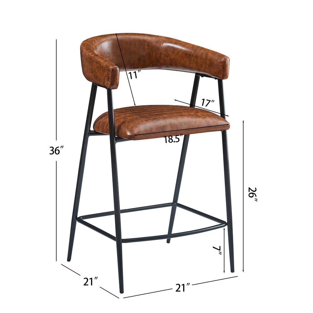 Brown Leather and Iron Frame Counter Stools, Set of 2