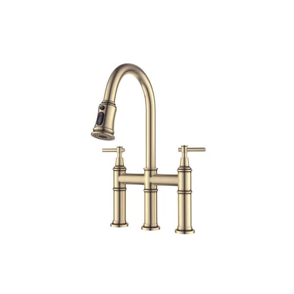 LORDEAR Double Handle Bridge Kitchen Faucet in Matte Gold with Pull-Down Spray Head