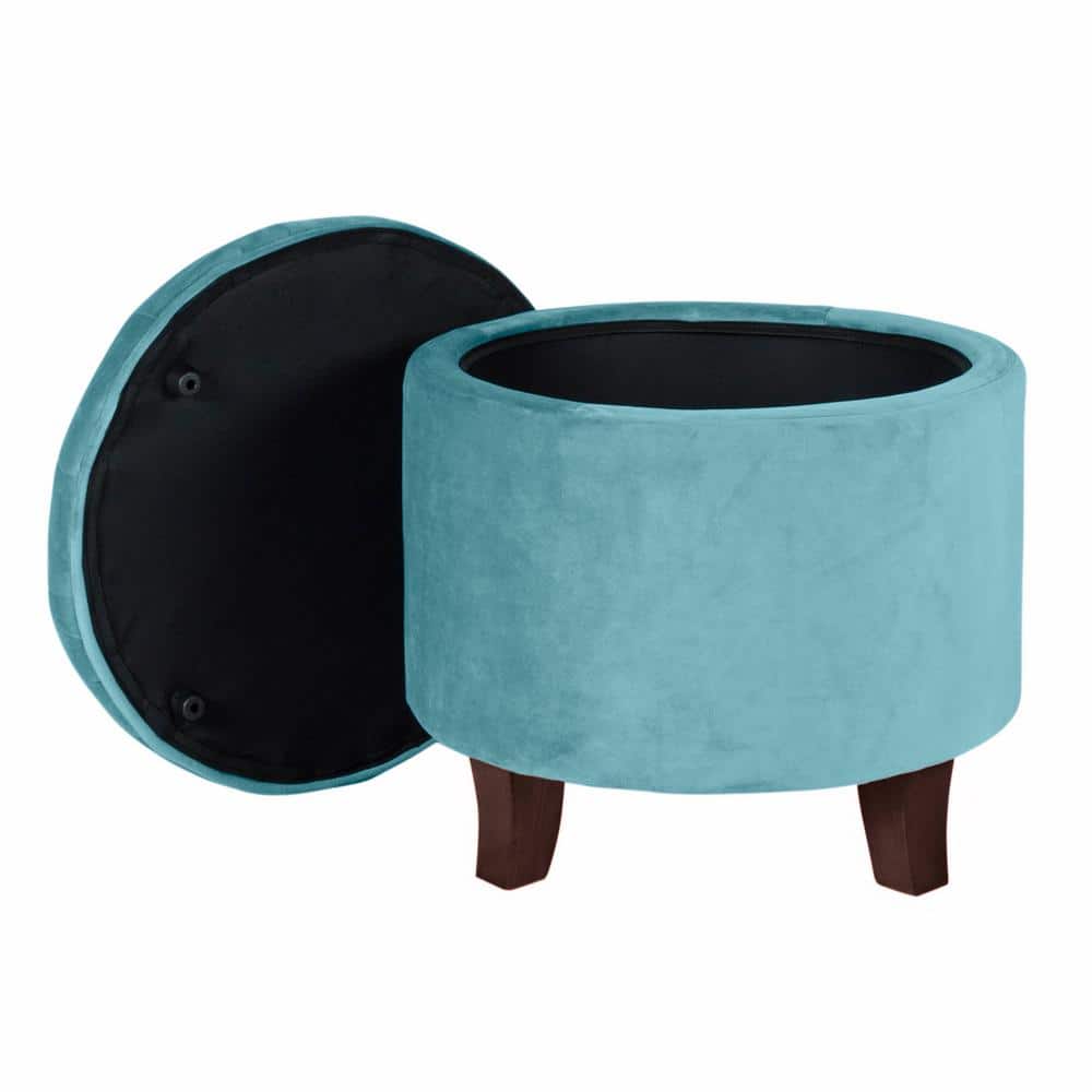Teal Velvet Tufted Round Ottoman with Rustic Wood Legs