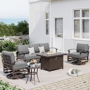 5-Piece Aluminum Patio Conversation Set with armrest, Firepit Table, Swivel Rocking Chairs and Grey Cushions