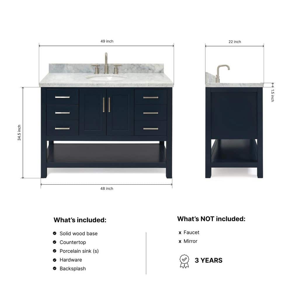 Midnight Blue Solid Wood Bath Vanity with White Marble Top