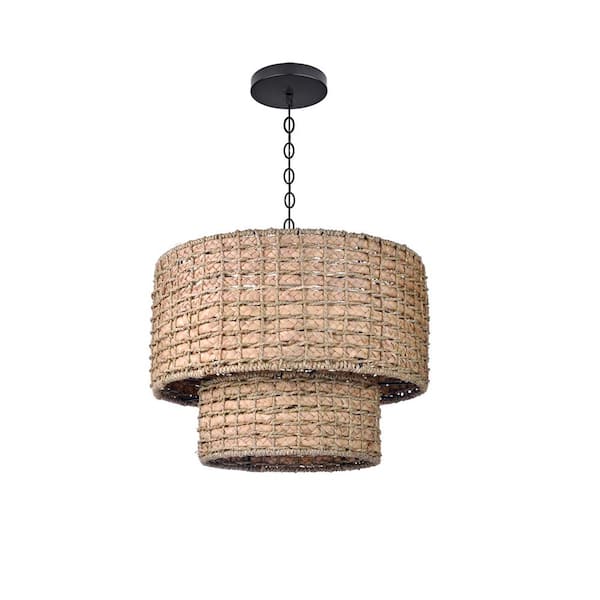 1-Light Retro Rattan Pendant Light with Drum Shade