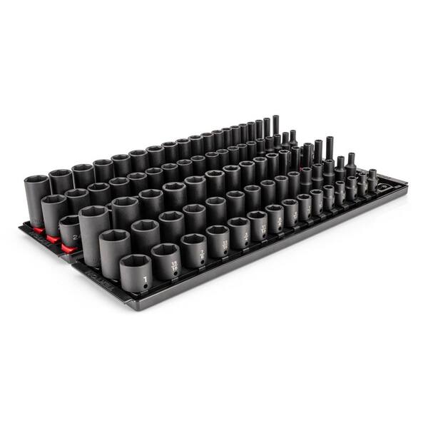 3/8 In. Dr. Shallow, Semi-Deep, and Deep 6pt Impact Socket Set with Rails and Trays, 102-Piece (1/4-1 in., 6-24 mm)