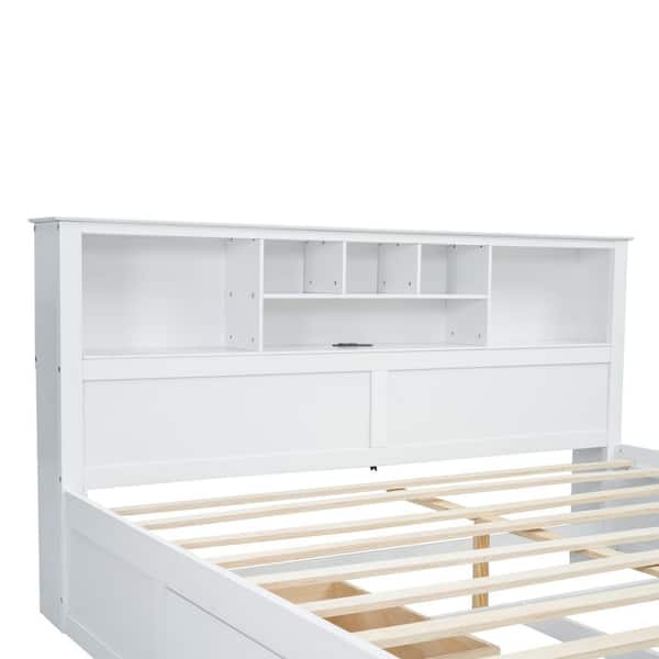 Polibi White Wood Frame King Size Platform Bed with Multi-Storage
