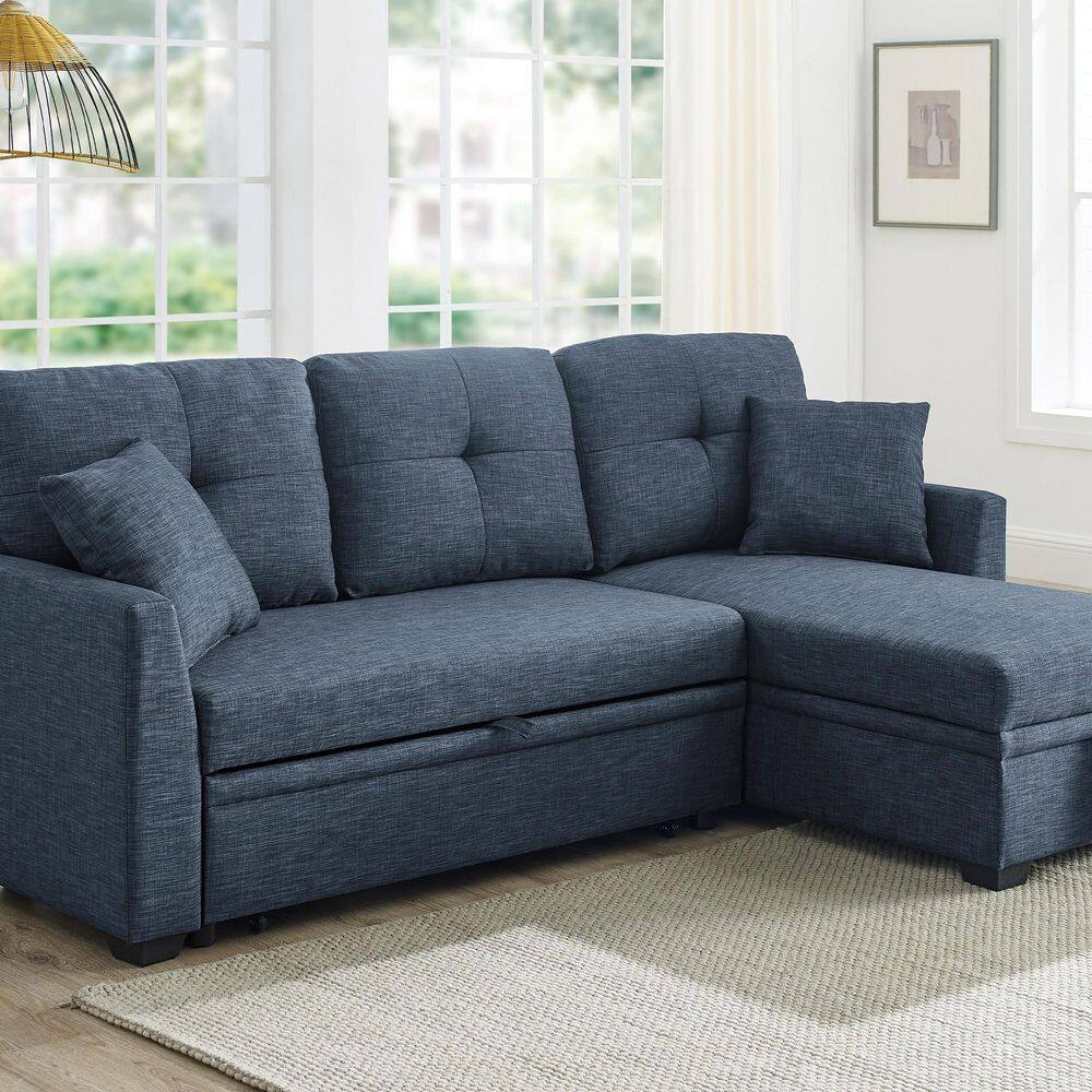 83 in. W Blue Polyester Queen Sofa Bed with Storage and Tufted Cushions