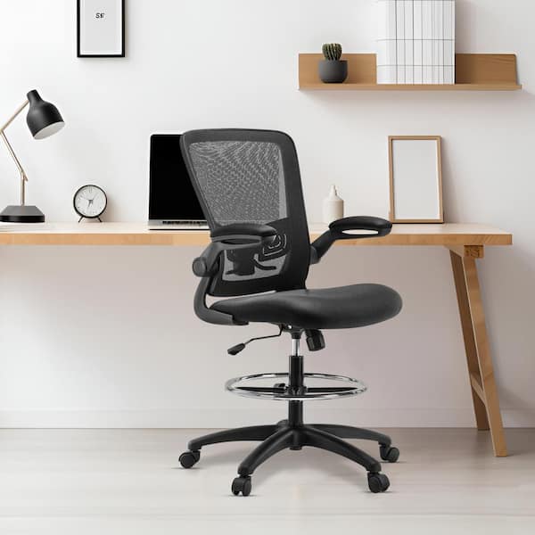 HOMESTOCK Mesh High Desk Breathable Adjustable Height Ergonomic Drafting Office Chair in Black with Flip-Up Arms
