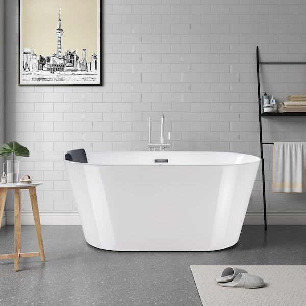  54 in. L X 30 in. W White Acrylic Freestanding Air Bubble Bathtub in White/Polished Chrome
