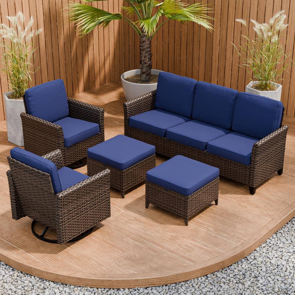 5-Piece Mix Brown Wicker Patio Conversation Set Wide Armrest 3-Seat Sofa Set, Blue Cushions, Swivel Chairs, Ottomans price history on PriceWatchPro