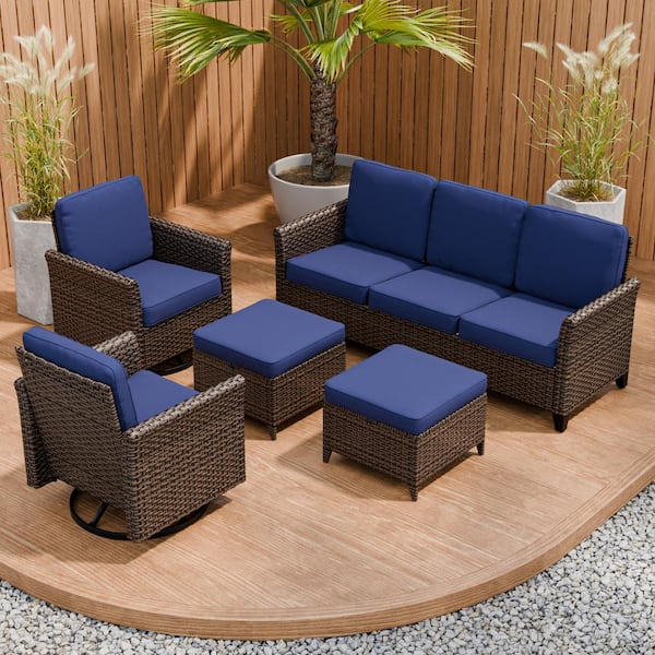 5-Piece Mix Brown Wicker Patio Conversation Set Wide Armrest 3-Seat Sofa Set, Blue Cushions, Swivel Chairs, Ottomans