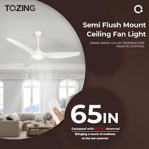 65 in. Smart LED Indoor Industrial White Low Profile Embedded Semi Flush Mount Ceiling Fan with Light Kit with Remote