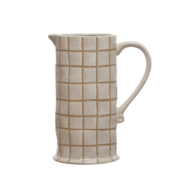 Storied Home 46 fl. oz. Cream and Brown Stoneware Pitcher with Wax Relief Grid Pattern
