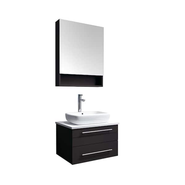 Fresca Lucera 24 in. Single Sink Wall Mount Espresso Bath Vanity with White Quartz Top, Vessel Sink and Medicine Cabinet