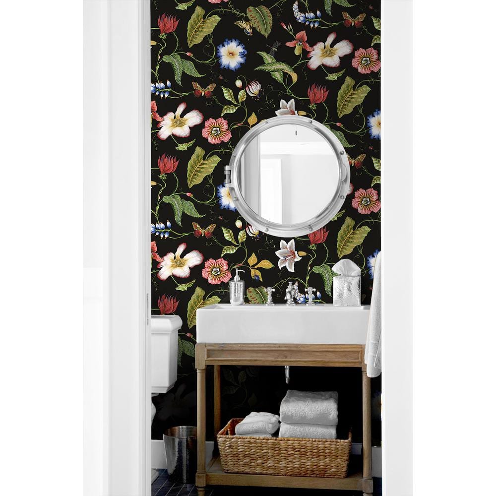 Jet Black Floral Peel and Stick Vinyl Wallpaper