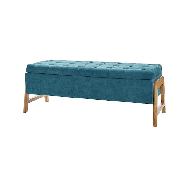 JAYDEN CREATION Hedda Turquoise 49.6 in. Wide Upholstered Storage Bedroom Bench with Tufted Seat and Solid Wood Leg