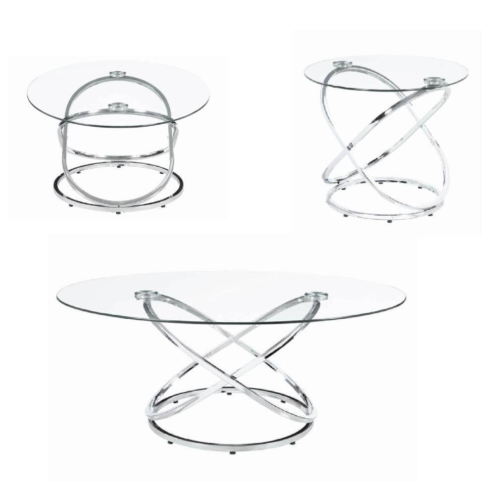 48 in. Chrome Round Glass Glass Coffee Table with 2 End Tables